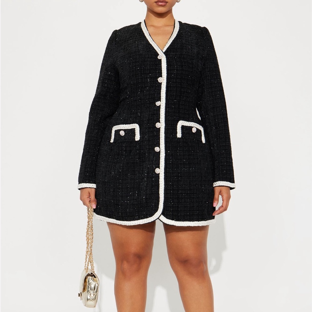 Elegant Black Women's Coat Dress with White Trim